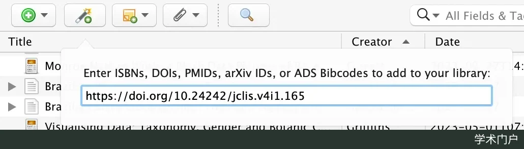 Mac 版 Zotero 工具栏下弹出的按标识符添加输入框，框内粘贴了一个 DOI，准备导入对应文献的题录