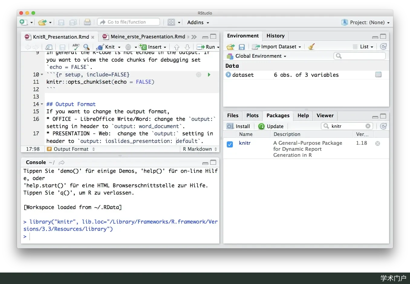 RStudio 中用 knitr 处理动态文档的界面截图，展示源文件编辑与渲染过程