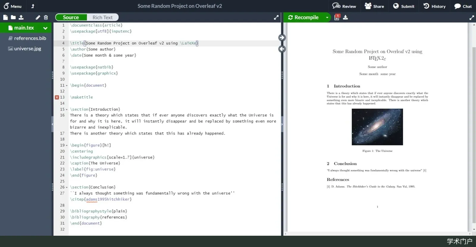 Overleaf v2 文档编辑页，源码编辑区与编译后的 PDF 预览左右并排显示