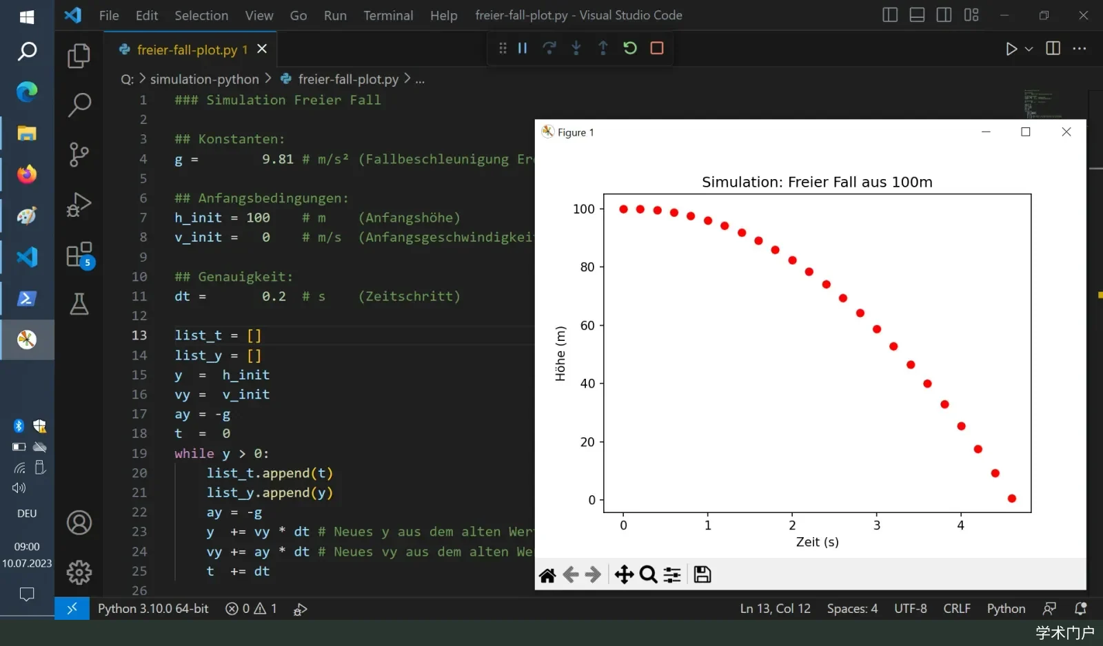 电脑屏幕截图：左侧文本编辑器中是 Python 代码，右侧 matplotlib 窗口显示物理模拟的绘图结果