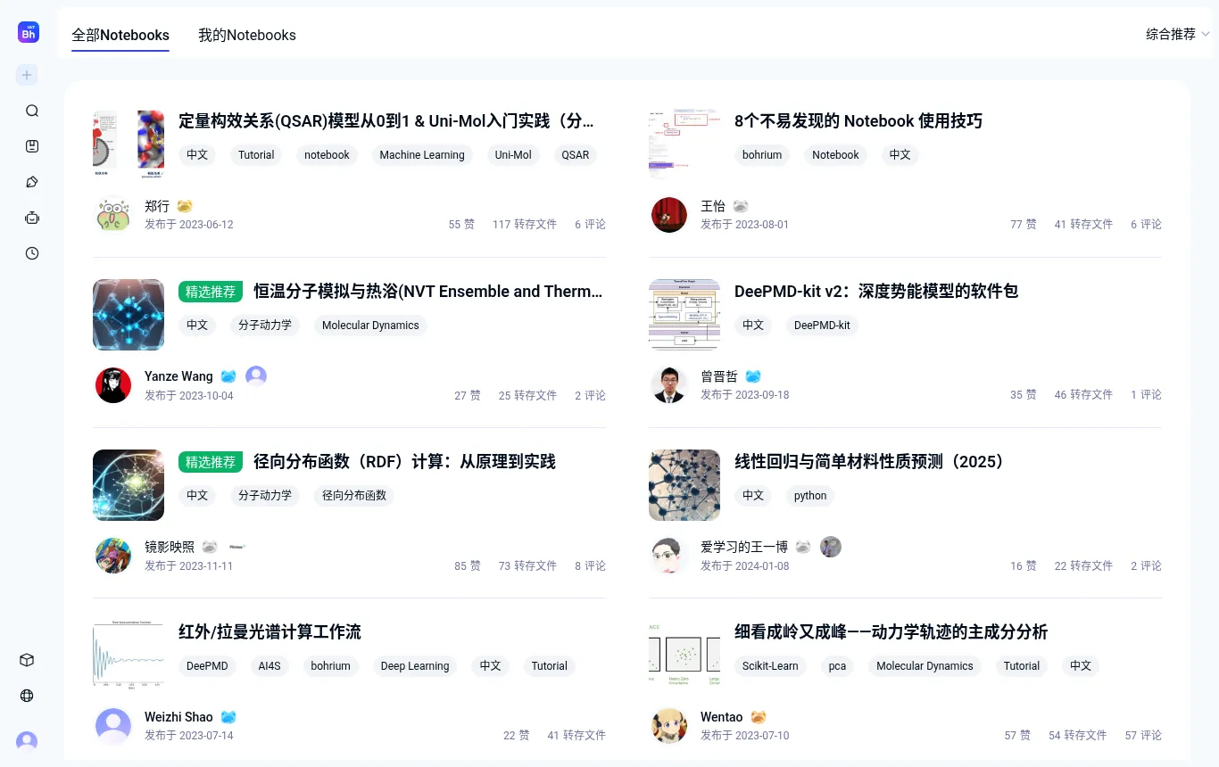 玻尔 Notebooks 广场，列出分子动力学、Uni-Mol 等公开 Notebook