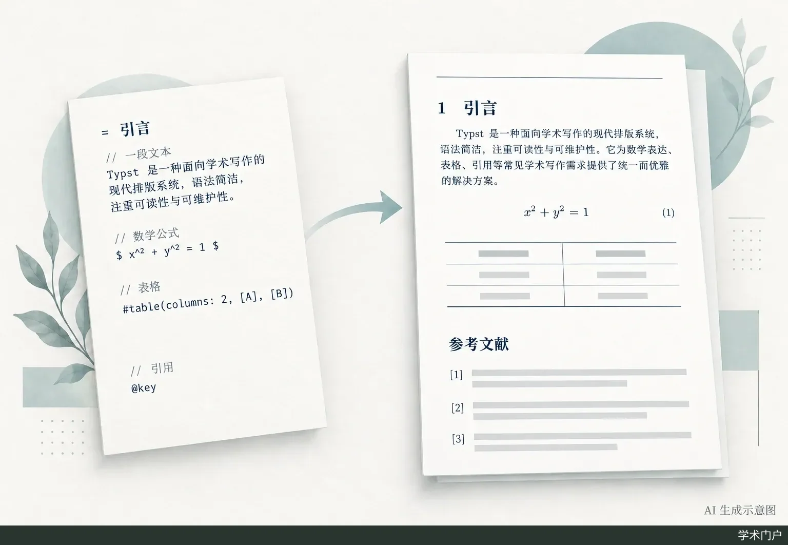 左侧标记源码与右侧含公式论文并列，呈现从文本到排版文档的过程