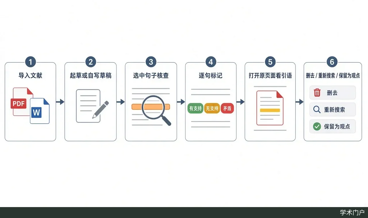 六步横向流程图：导入文献、起草草稿、选中句子核查、标为有支持无支持或矛盾、打开原页面看引语、删去重搜或保留为观点