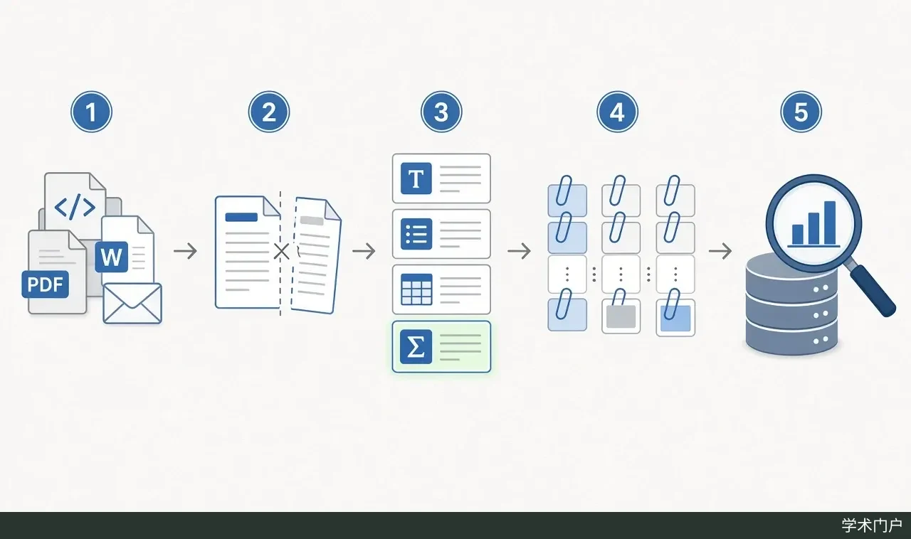 五步编号流程图：PDF、网页、Word 和邮件图标，文档被切开，一列元素卡片中公式卡片高亮，卡片分组，放大镜罩在数据库上