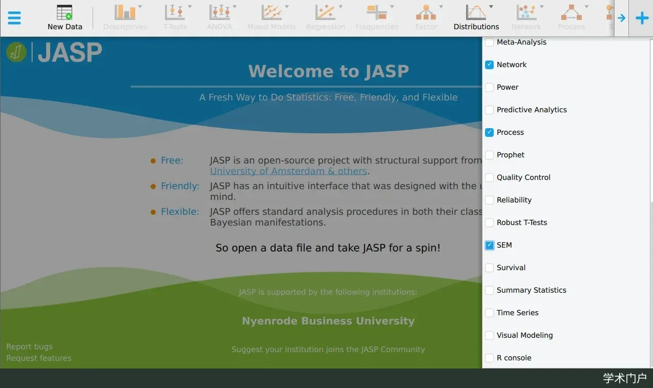 JASP 启动页与模块选择界面截图：列出可勾选启用的各类分析模块，启用后会出现在顶部功能区