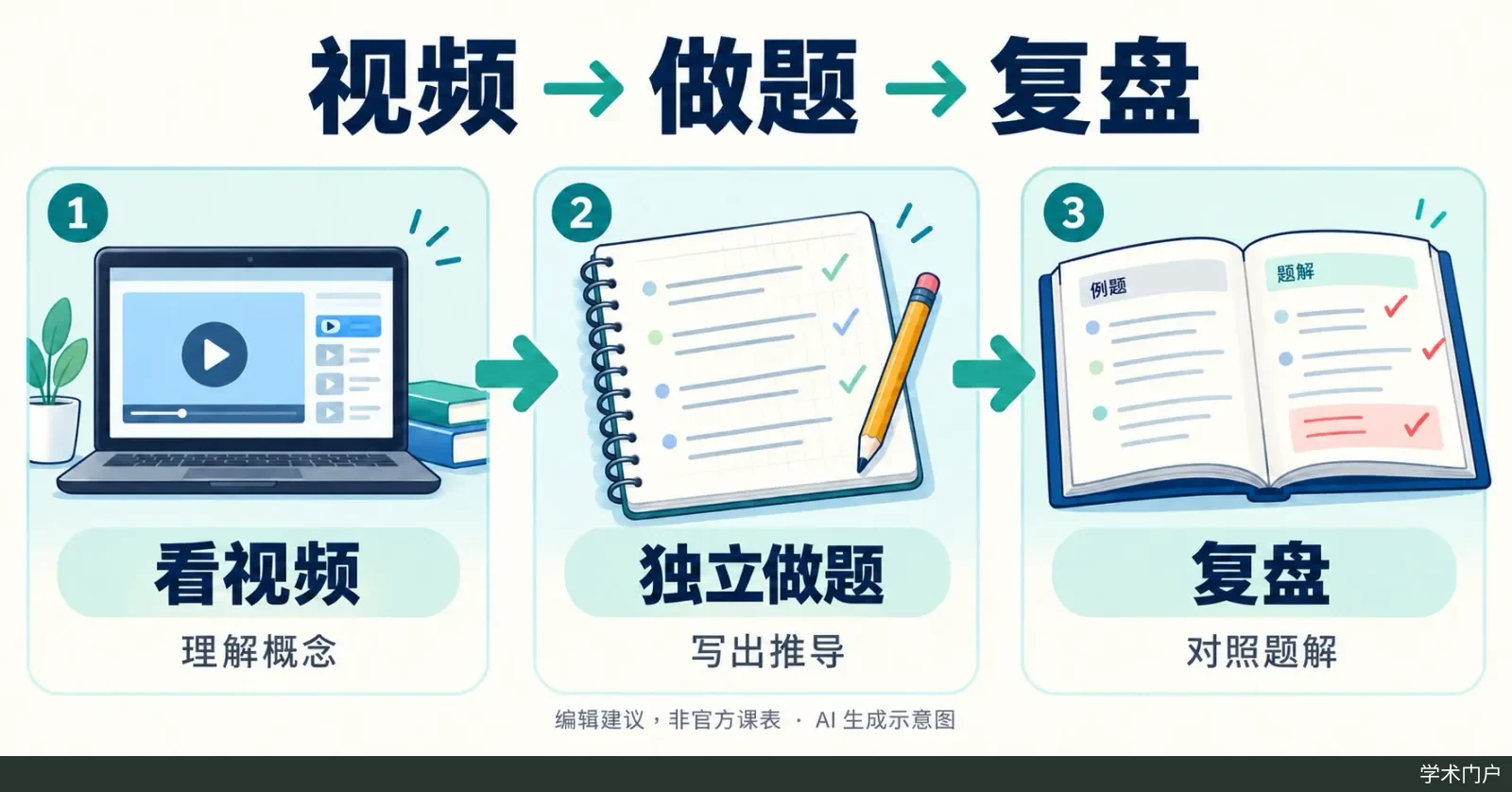 三个相连的学习步骤依次展示观看课程视频、独立完成概率习题和对照教材复盘