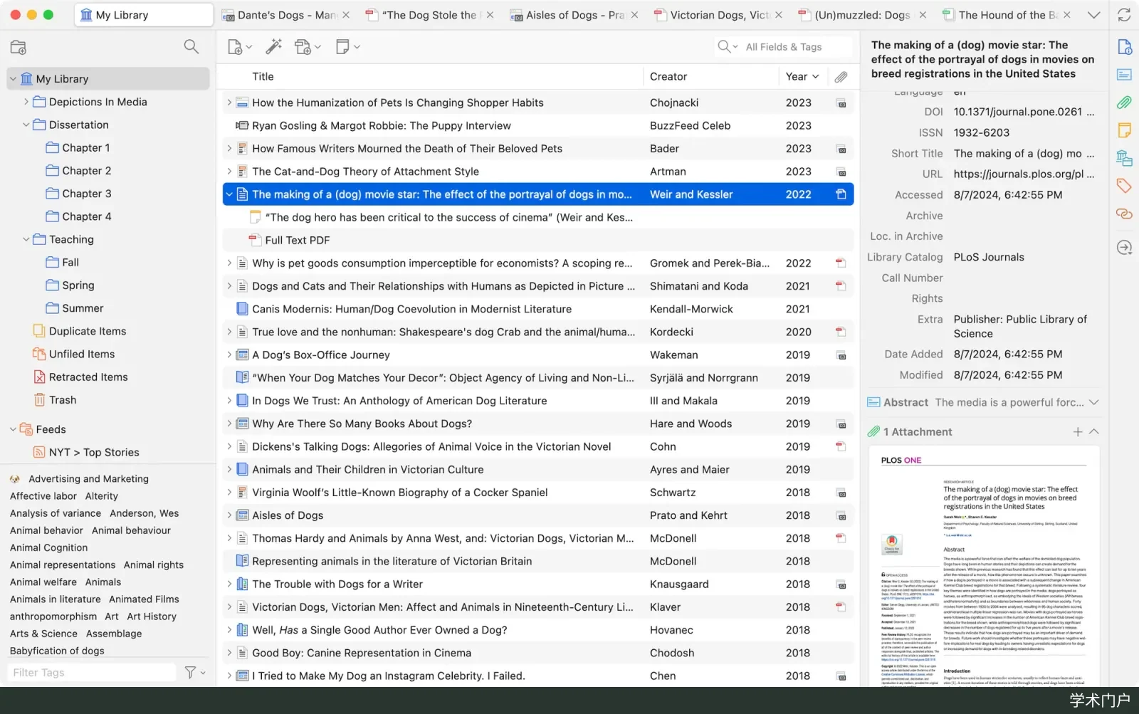 macOS 上的 Zotero 7 主窗口，左栏为文库与分类，中间是条目列表，右栏显示所选条目的题录信息